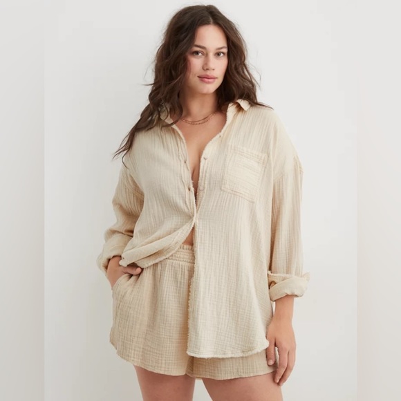 aerie Tops - Aerie Pool-To-Party Crinkle Cotton Gauze Cover Up Button Down Shirt in Soft Oat